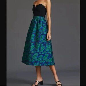 NWT Anthropologie Sunday in Brooklyn Jacquard Blue and Green Floral Midi Skirt